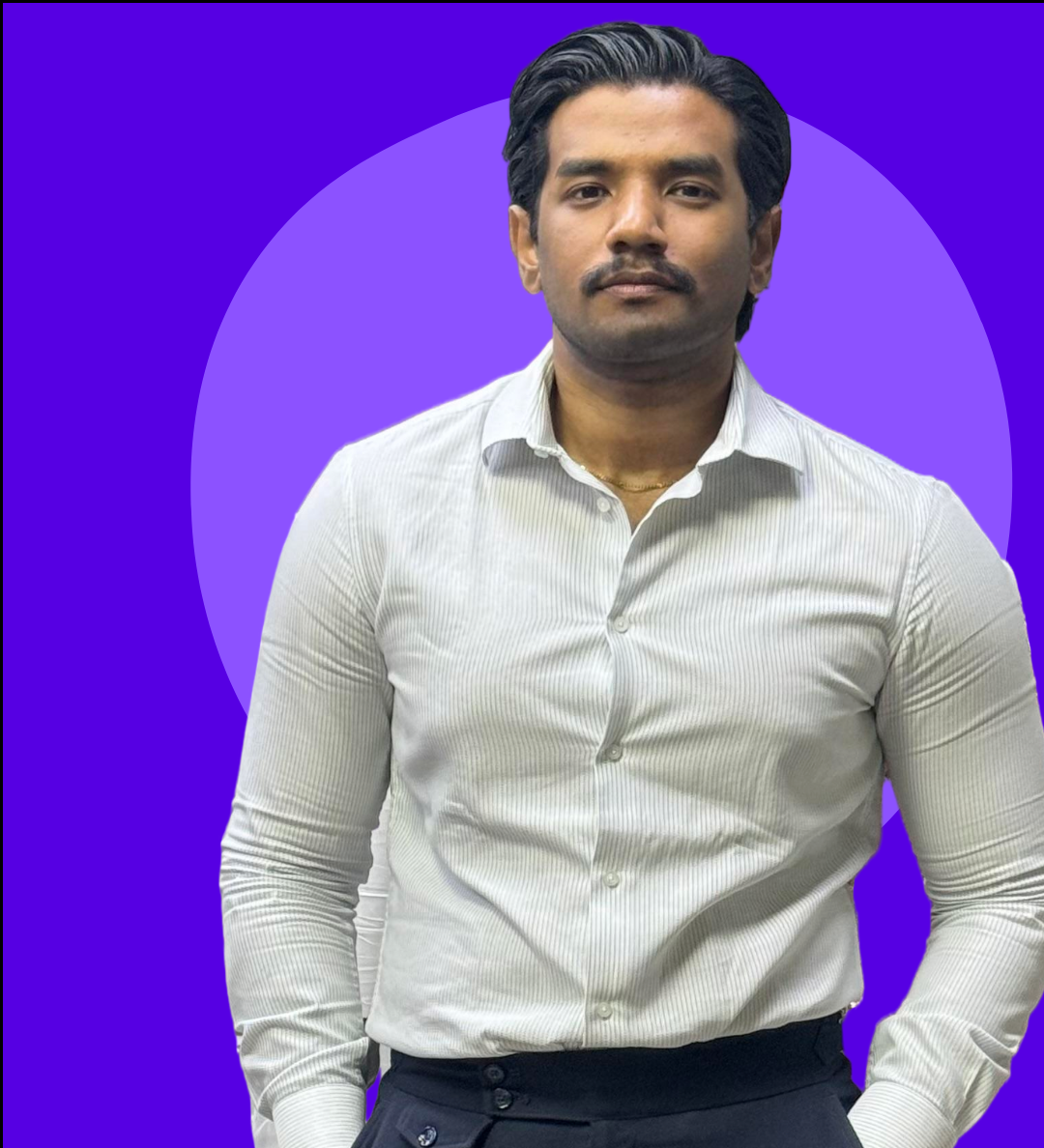 Salman SK Chowdhury wearing a white shirt and dark pants against a purple background